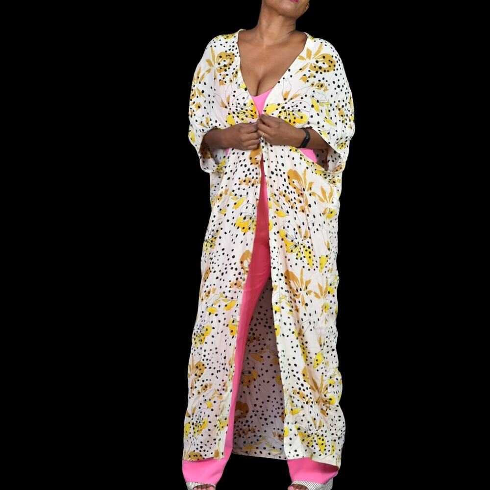 Bel Kazan Sadie Duster Kimono Yellow Rayon Print Anthropologie Long One Size